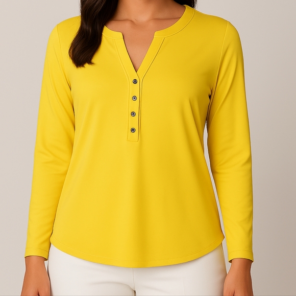 Anne Klein Fitted Pullover Polo With Button Detail Blouse Yellow  Large - Picture 1 of 12